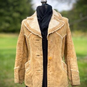 Vintage Tan Suede Shearling Coat with Cream Accents